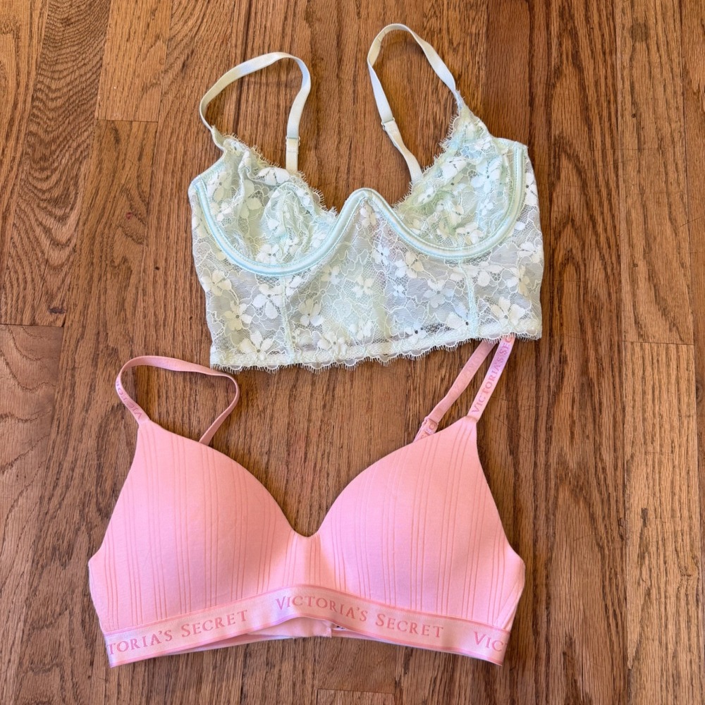 Victorias Secret Bra Bundle 32B Dream Angels Lace Longline & Pink Wireless Bra